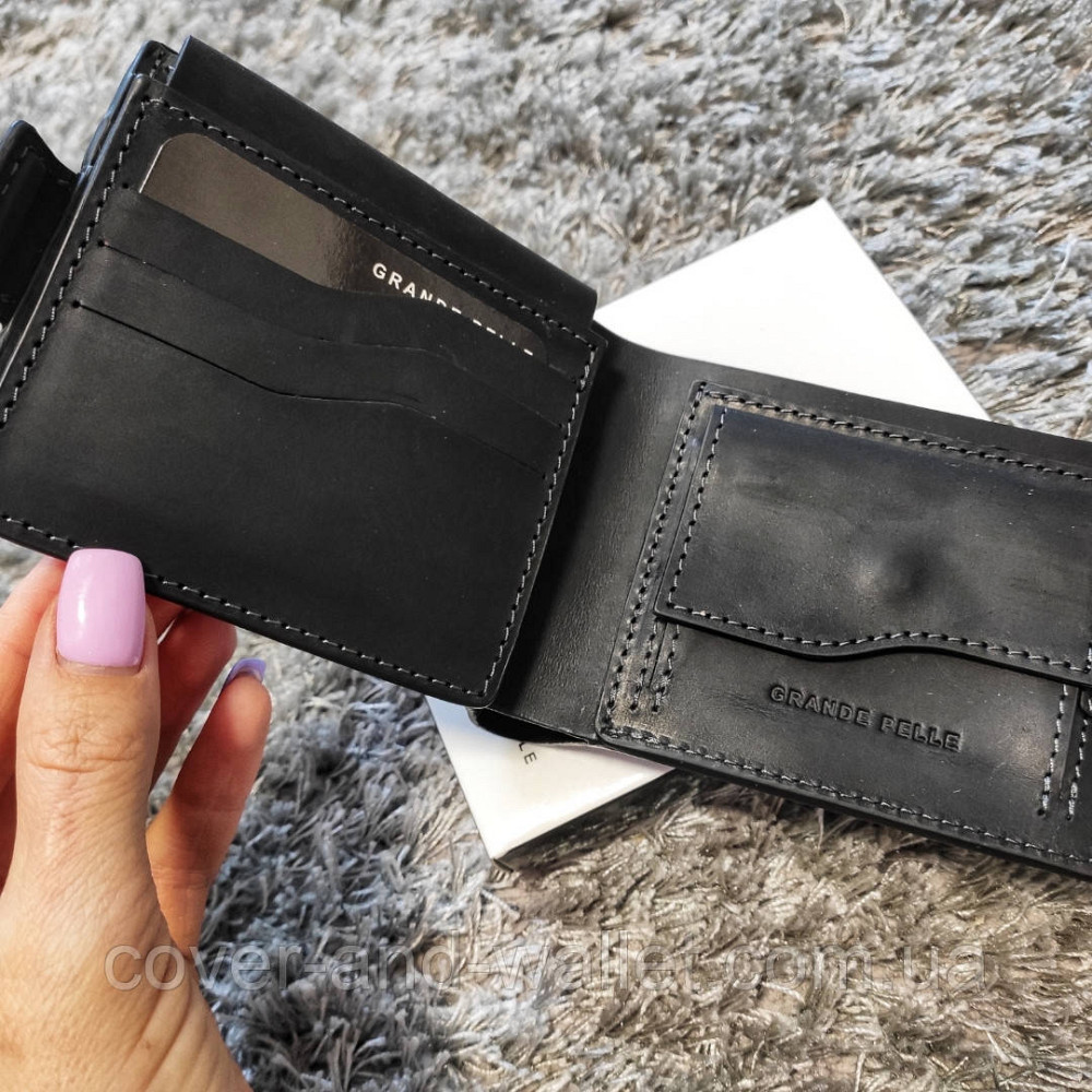 Черный мужской кошелек на магнитах ручной роботы из кожи Grande Pelle Amico Киев - изображение 3