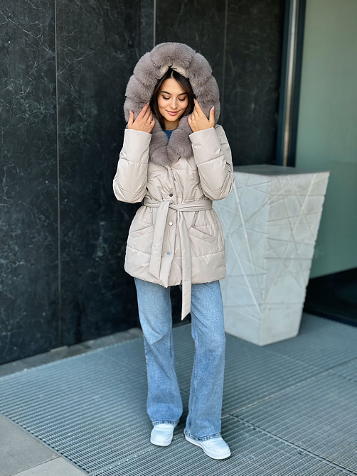 Жіночий пуховик з натуральним хутром песця Бежевий L Харків - фото 4