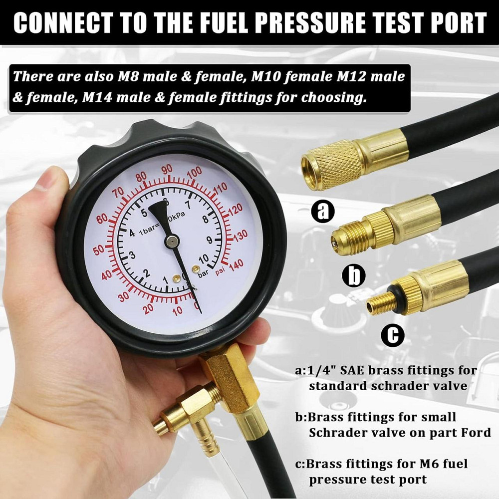 Тестер тиску палива CH-TU114-00001 Чорний 0-140 PSI (0-10 bar) комплект адаптерів M8 M10 M12 M14 15" шланг вакуумний насос тестер Київ - фото 3