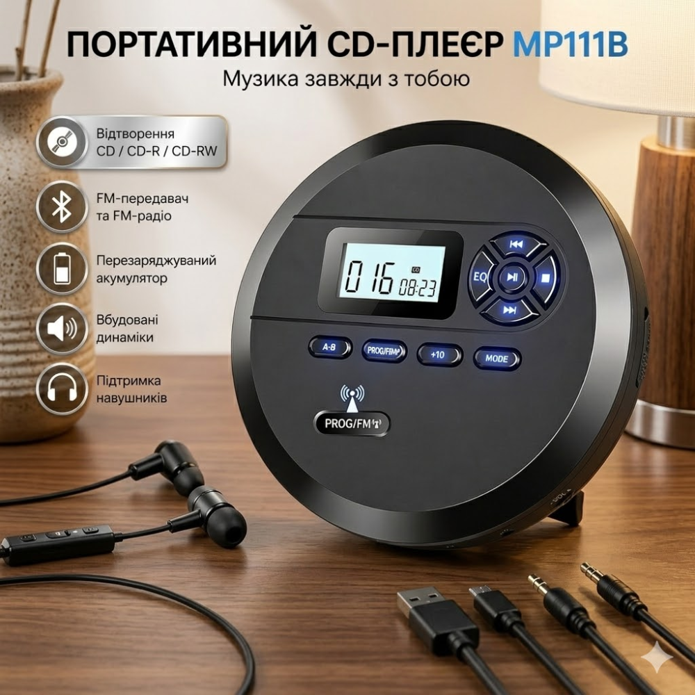 Портативний CD-плеєр MP111B Black: Програвач із динаміками, FM-передавачем, акумулятором 2000 mAh та функцією Anti-Shock Київ - фото 1