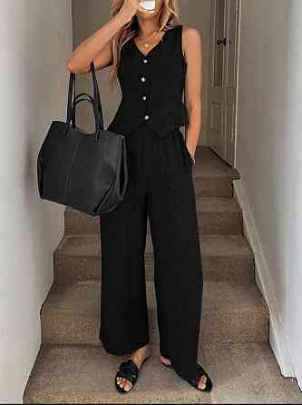 Жіночий базовий брючний костюм-двійка: жилет і штани льон бохо Чорний, 44/46 Одеса