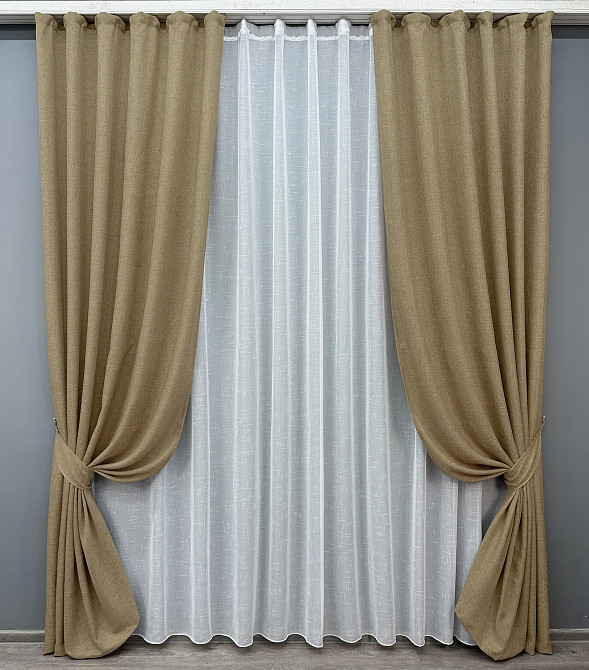 Комплект штор VR-Textil Льон Мішковина 150х270 2шт і Тюль 600х270 673ш-115т Капучино з білим 71-035/5 Київ - фото 1
