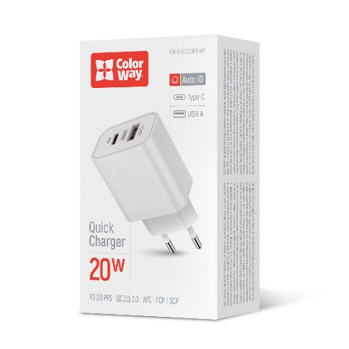 Зарядний пристрій мережевий USB/Type-C QC+PD 20W білий V2 ColorWay CW-CHS025QPD-WT Житомир