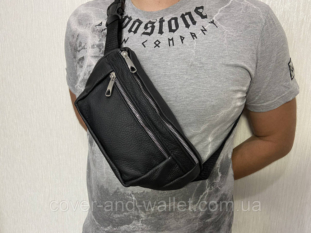 Кожаная мужская сумка бананка черного цвета Puos Киев - изображение 2