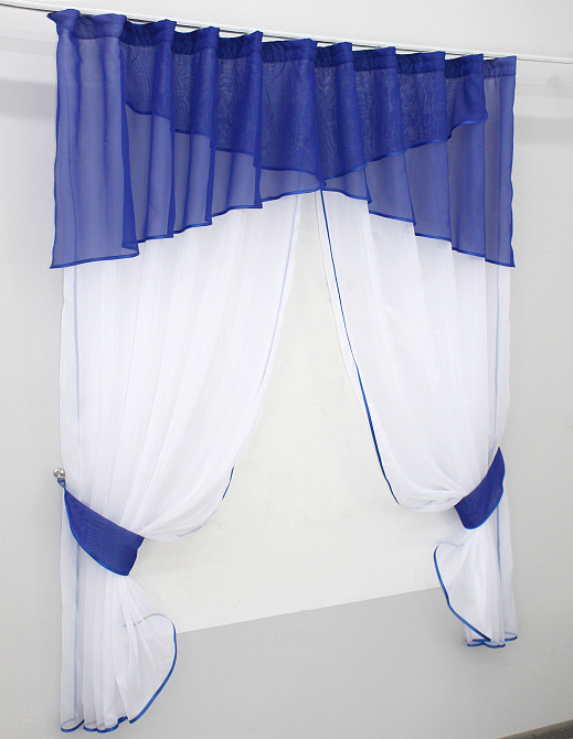 Кухонні штори VR-Textil № 091к з ламбрекеном і підв'язками синій з білим 270х170 см (52-0254) Київ - фото 2
