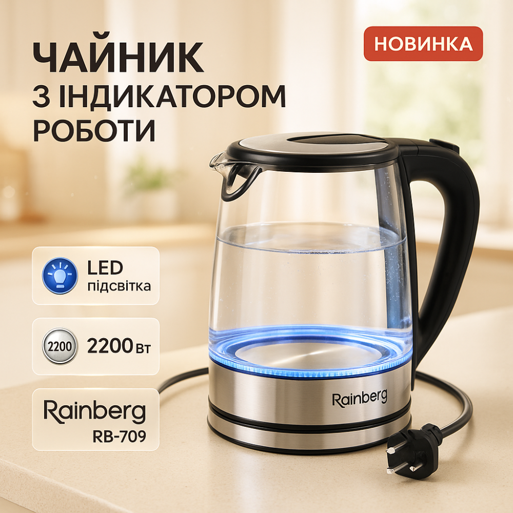 Дисковый электрический чайник Rainberg RB-709 2Л 2200Вт стеклянный с подсветкой, бесшумный чайник Black LJ-68 Львов - изображение 17