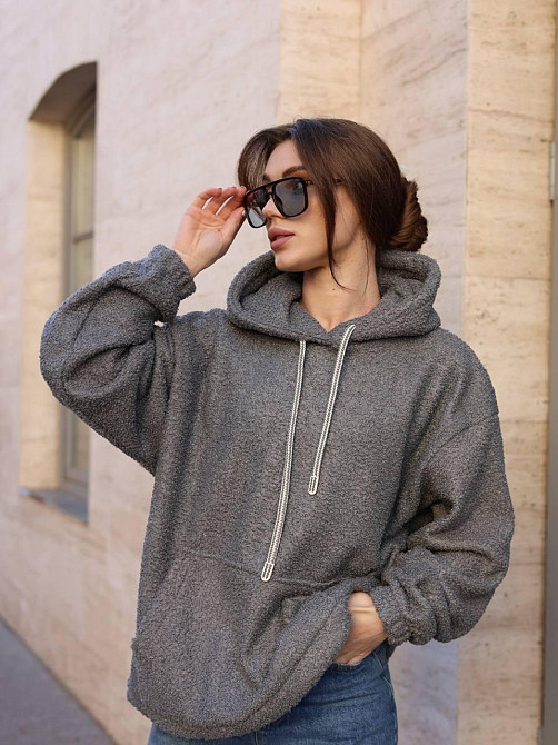 Жіноче затишне худі оверсайз шерпа на велюрі Графіт Одеса - фото 1