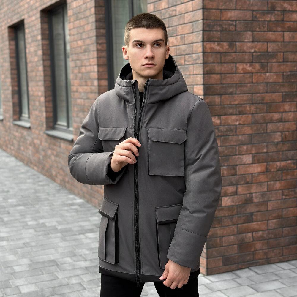 Парка чоловіча зимова з капюшоном сіро-чорна Pobedov Alpina Київ - фото 1