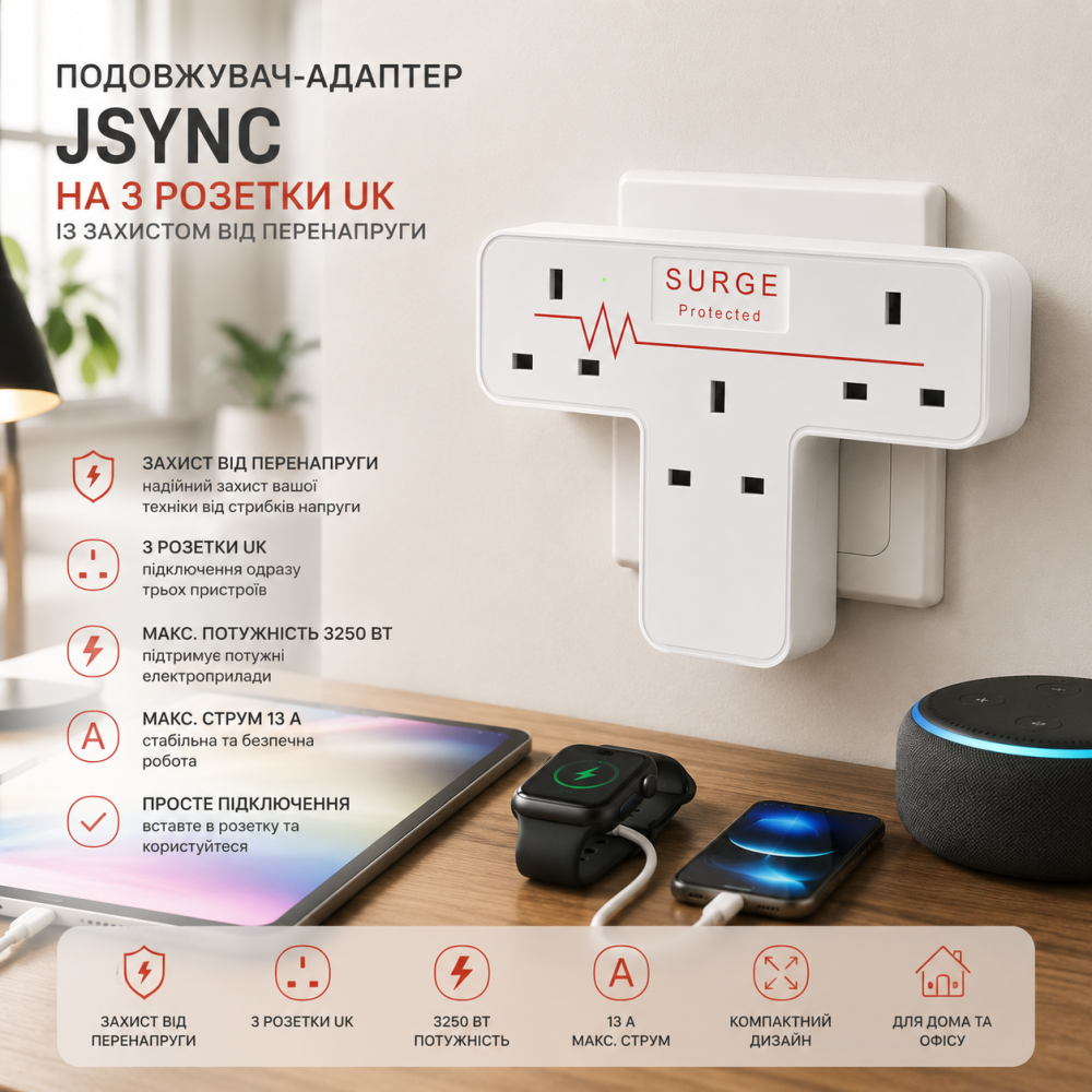 Подовжувач-адаптер JSync на 3 розетки UK із захистом від перенапруги, 3250 Вт, 13 А, білий Київ - фото 8