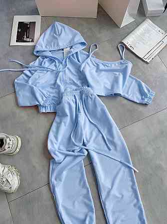 Женский повседневный костюм тройка: кофта топ и штаны двунить 46/48, Голубой Одесса