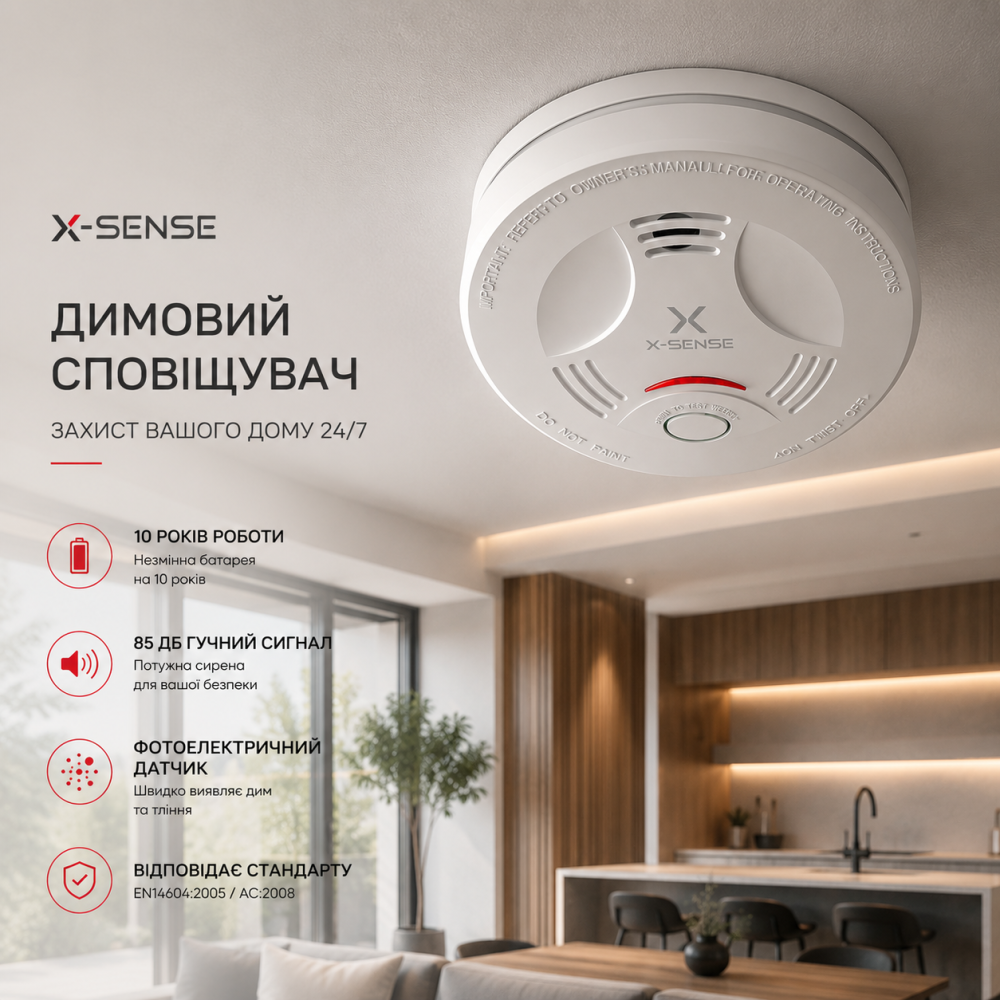 Димовий сповіщувач X-Sense SD11 фотоелектричний, батарея 10 років, 85 дБ, EN14604, пожежна сигналізація для дому, білий Київ - фото 10