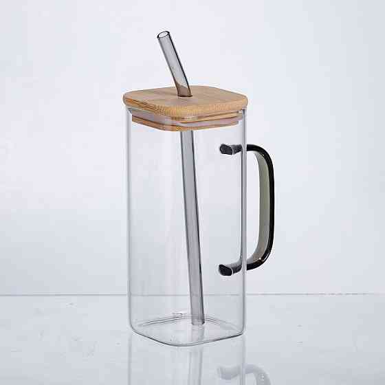 Чашка скляна 400 мл з бамбуковою кришкою та скляною трубочкою HP-19-146 Коломия