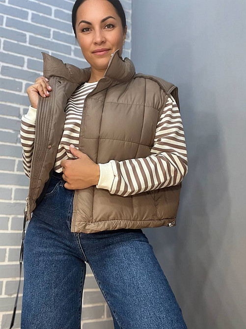 Жилетка женская Lady Yep 9039 стеганная короткая вставка из экокожи на спине капучино, капучино, 46 Киев - изображение 2