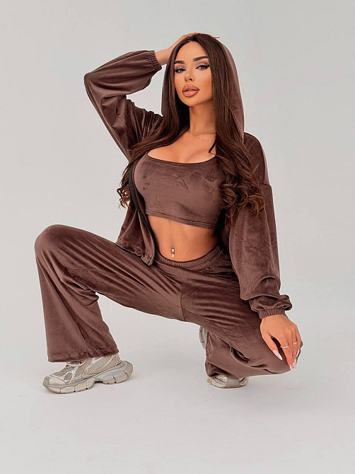 Жіночий стильний повсякденний велюровий костюм-трійка Шоколад, 46/48 Одеса - фото 10