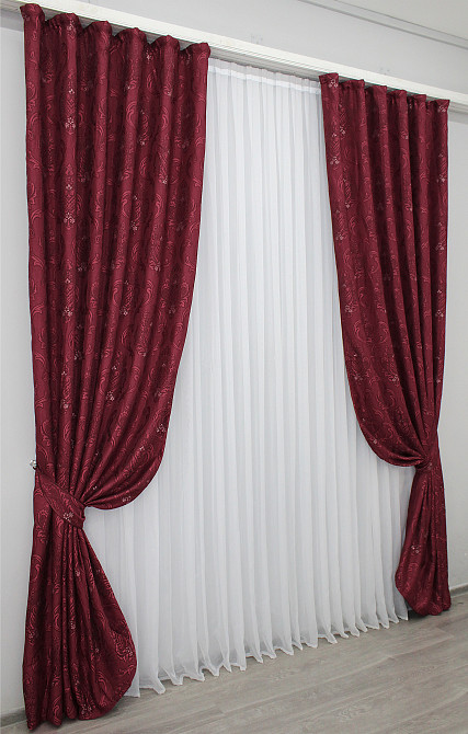 Комплект готовых штор VR-Textil Лен Корона № 1246ш Бордовый 150х270 см 2 шт (33-0079) Киев - изображение 3