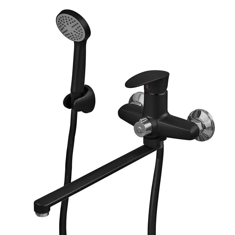 Смеситель для ванны Plamix CEZAR-006 EURO SET матовый черный с душевым шлангом, лейкой и кронштейном (PM0690) Харьков - изображение 1