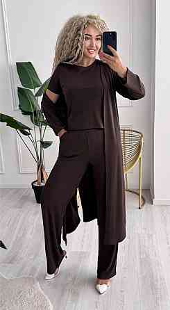 Женский базовый прогулочный костюм тройка: кардиган футболка и штаны трикотажный рубчик Шоколад, 46/48 Одесса