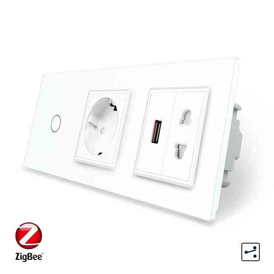 Розумний сенсорний прохідний/перехресний вимикач 1 сенсор 1 розетка 1 USB 1 розетка універсальна Livolo білий скло (VL-C701SZC1EU1USBC1A-11) Коломия