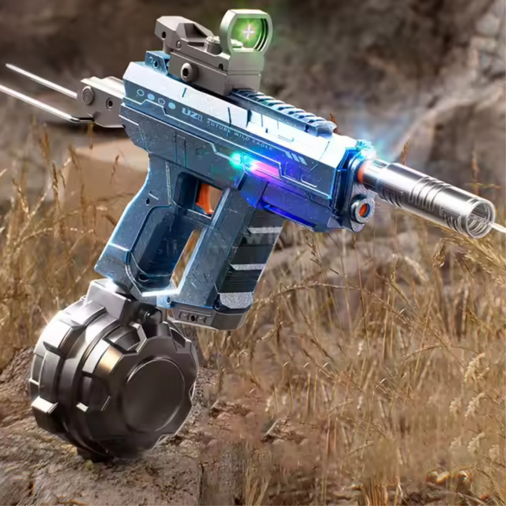 Электрический водный пистолет UZI, аккумуляторный бластер с подсветкой, звуковыми эффектами и прицелом, серый Каменец-Подольский - изображение 7