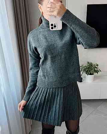 Женский уютный теплый костюм: свитер и юбка мелкая машинная вязка Антрацит Одесса