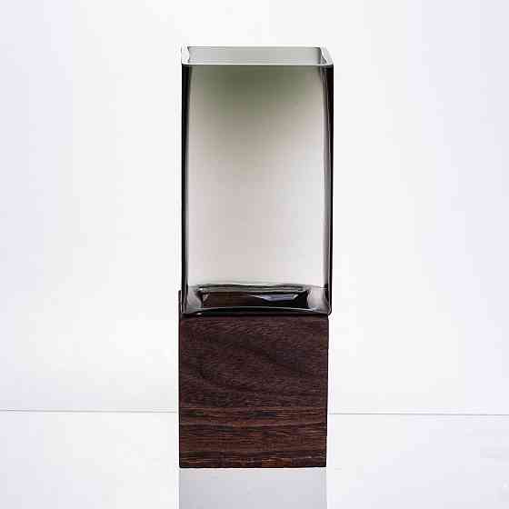 Скляна декоративна ваза квадратна, стильна ваза скло з деревом для квітів прозора HP-32-8 Київ