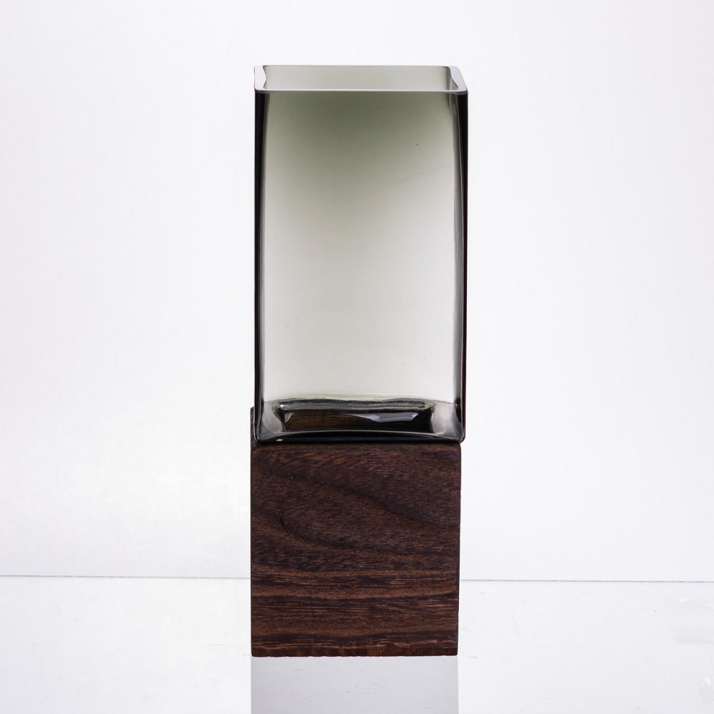 Скляна декоративна ваза квадратна, стильна ваза скло з деревом для квітів прозора HP-32-8 Київ - фото 3