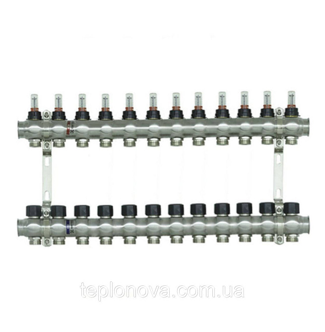 Колектор нержавійка на 12 пар виходів  "Raftec" RC-03 для Теплої Підлоги з розходомірами Чернівці - фото 1