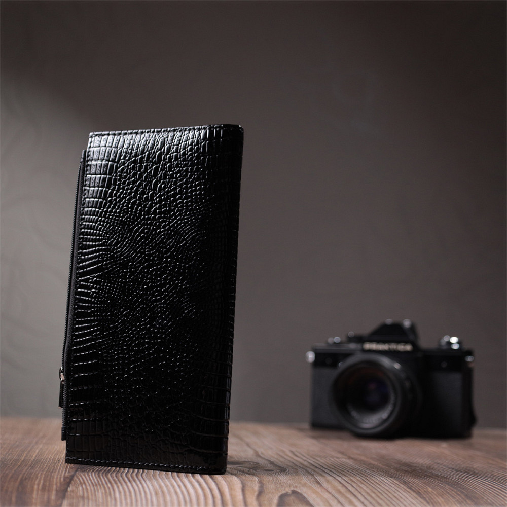 Лакированный тонкий кошелек с фактурой под рептилию из натуральной кожи ST Leather 22716 Черный Киев - изображение 10