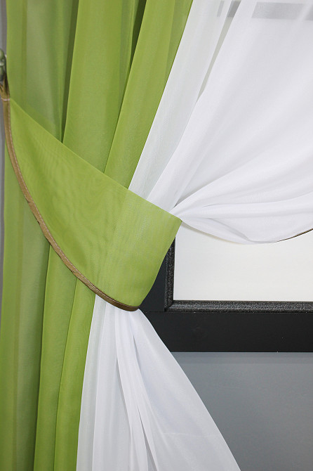 Кухонные шторы VR-Textil № 017к комбинированные с подвязками оливковый с белым 265х170 см (50-018) Киев - изображение 3