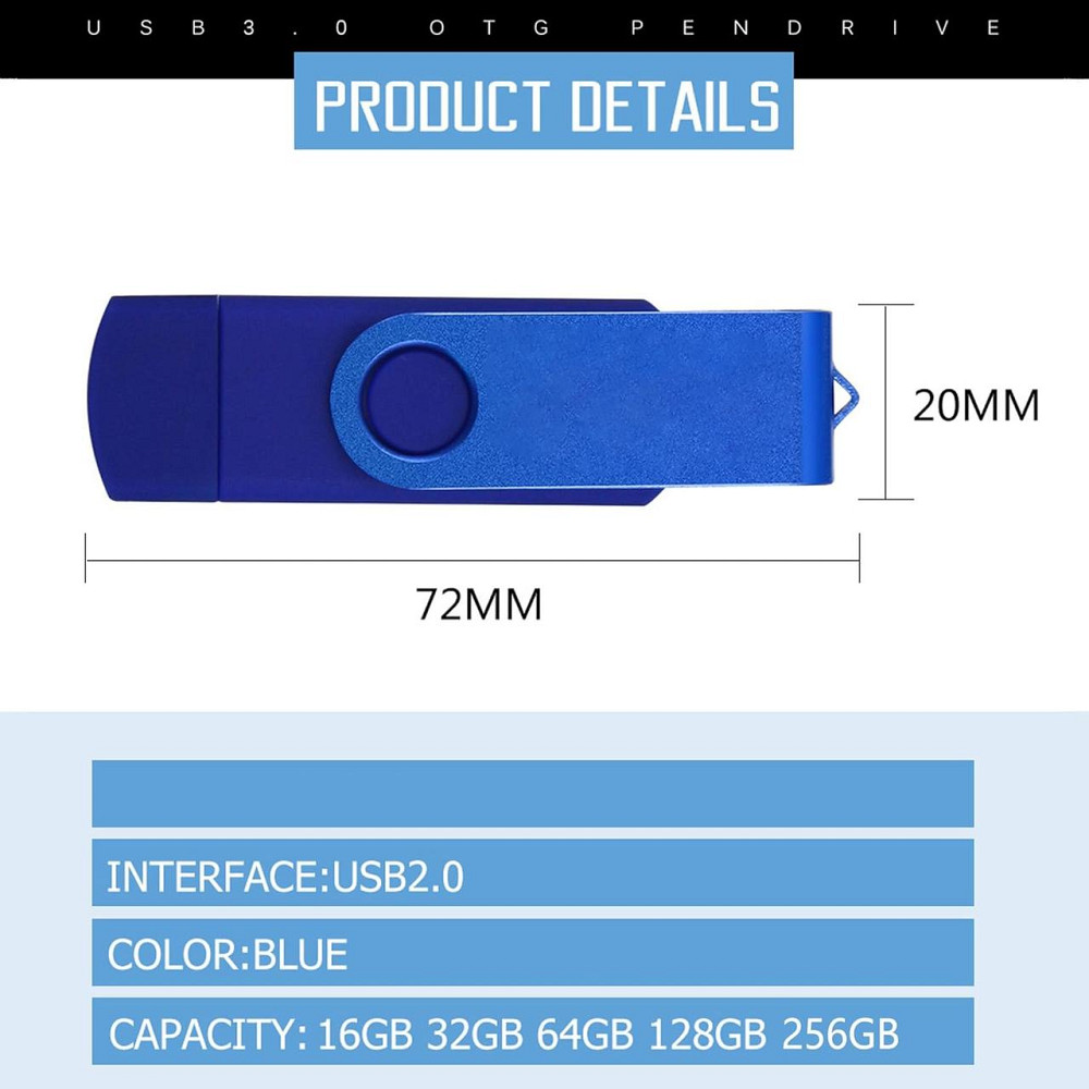 Флеш-накопичувач 717308976615 Синій 512GB USB 2.0 металевий поворотний корпус високошвидкісний для ПК/Android/зберігання файлів Київ - фото 6