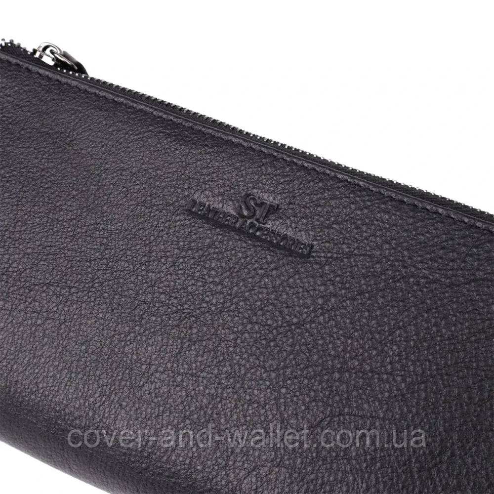 Чорний шкіряний гаманець-клатч на три відділення з ремінцем на зап'ясті ST Leather Київ - фото 2