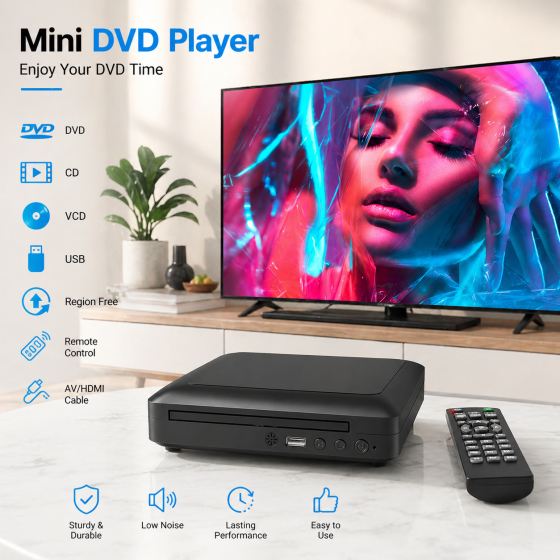 DVD-програвач Toioik Mini HDMI: Full HD 1080p, мультирегіональний (All Region), USB, AV, пульт ДК, компактний, Чорний Київ