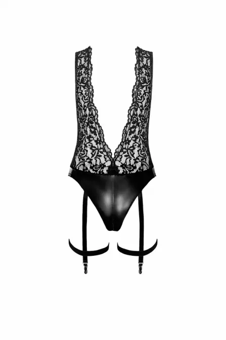 Боді Noir Handmade F297 Libido Deep-V bodysuit with collar, pearl chain and garter - XXL Львів - фото 5