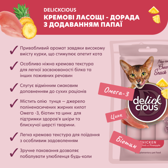Крем-снеки для котів Делікшес Delickcious курка з додаванням ананасу ласощі для котів (4 шт х 15 г) Вінниця