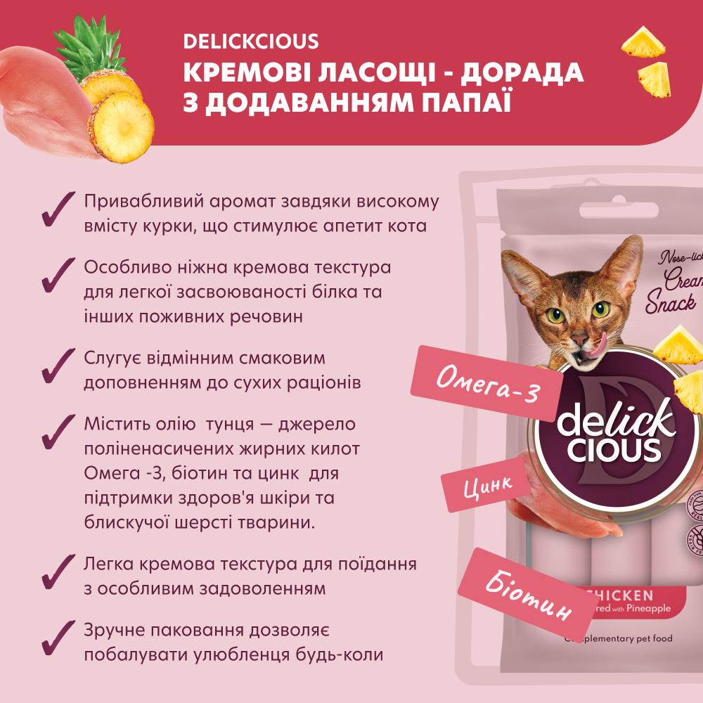 Крем-снеки для кошек Деликшес Delickcious курица с добавлением ананаса лакомство для кошек (4 шт х 15 г) Винница - изображение 2