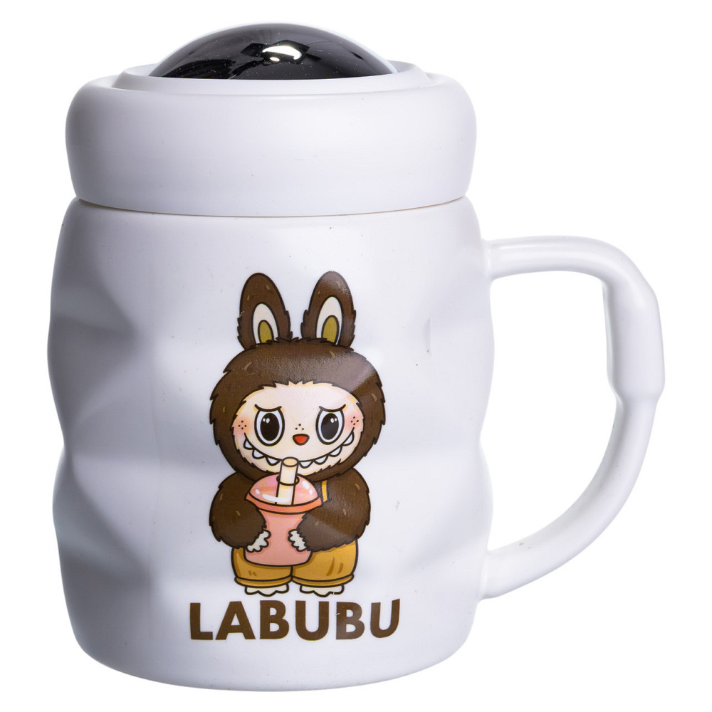 Чашка порцелянова з кришкою Labubu 400 (мл) подарункова кружка прикольна чашка для дітей на подарунок Білий з темно-коричневим SBR Київ - фото 2