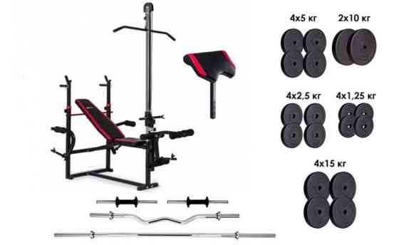 Скамья для жима с тягой + 4 грифа + 115 кг блинов Гантели, гири, штанги и диски АВС пластик комплект Киев