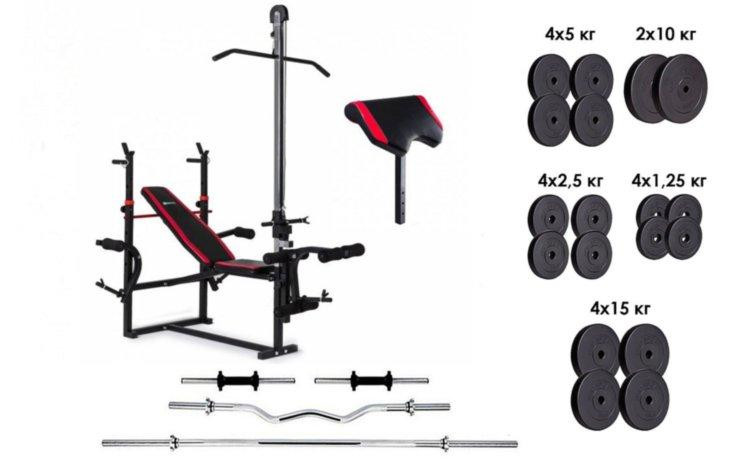 Скамья для жима с тягой + 4 грифа + 115 кг блинов Гантели, гири, штанги и диски АВС пластик комплект Киев - изображение 1