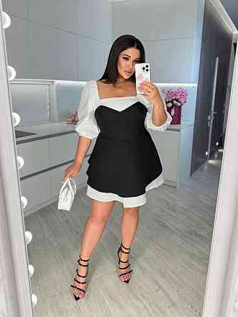 Женское стильное комбинированное мини платье с квадратным вырезом костюмка + 100% белый коттон Черный, 46/48 Одесса