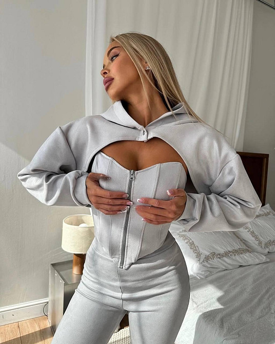 Женский стильный костюм тройка: кофта, корсет и лосины замш на дайвинге Серый, 46/48 Одесса - изображение 8