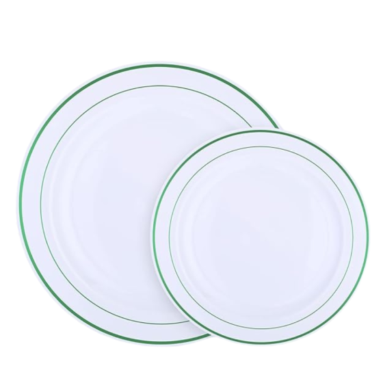 Набор тарелок пластиковых круглые 12 шт, десертные 19 см и обеденные 26 см,белые с зелёном контуром Каменец-Подольский