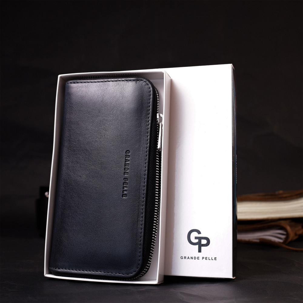 Стильний гаманець-клатч на блискавці із натуральної шкіри GRANDE PELLE 11644 Синій Київ - фото 8