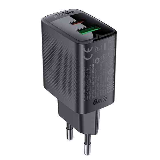 Мережевий зарядний пристрій ACEFAST A78 PD20W GaN (USB-A+USB-C) charger Black (6974316283256) Київ