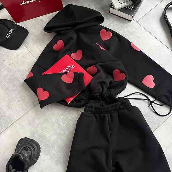 Жіночий теплий костюм-двійка з сердечками тринитка на флісі Чорний, 42/46 Одеса