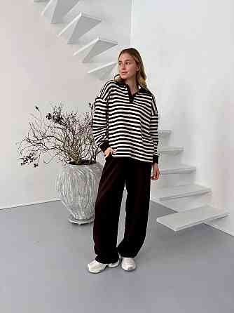 Женский стильный повседневный костюм поло на пуговицах, брюки палаццо тринитка. Шоколад Одесса