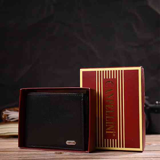 Удобное горизонтальное мужское портмоне из натуральной гладкой кожи Черное (CANPELLINI) Киев