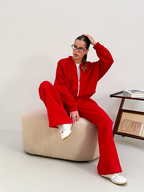 Теплий костюм на флісі жіночий з широкими штанами Червоний 42/46 Харків - фото 2