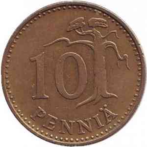 Монета 10 пенни. 1963-77 год, Финляндия.(БЖ) Полтава