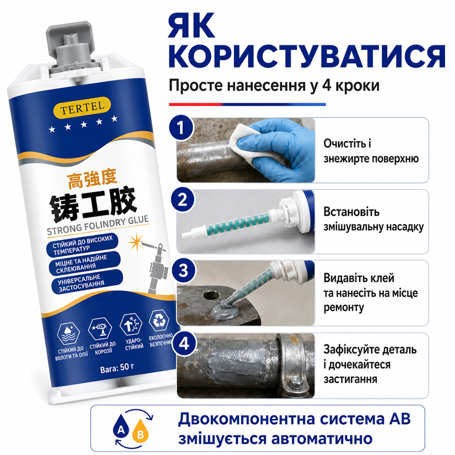 Эпоксидный клей-холодная сварка для металла TERTELL Strong Foundry Glue, двухкомпонентный, серый (98745492) Киев - изображение 8