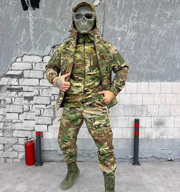 Тактичний комплект демісезонний Softshell 4 в 1 (куртка, штани, кофта, бейсболка) Мультикам S Вінниця - фото 2
